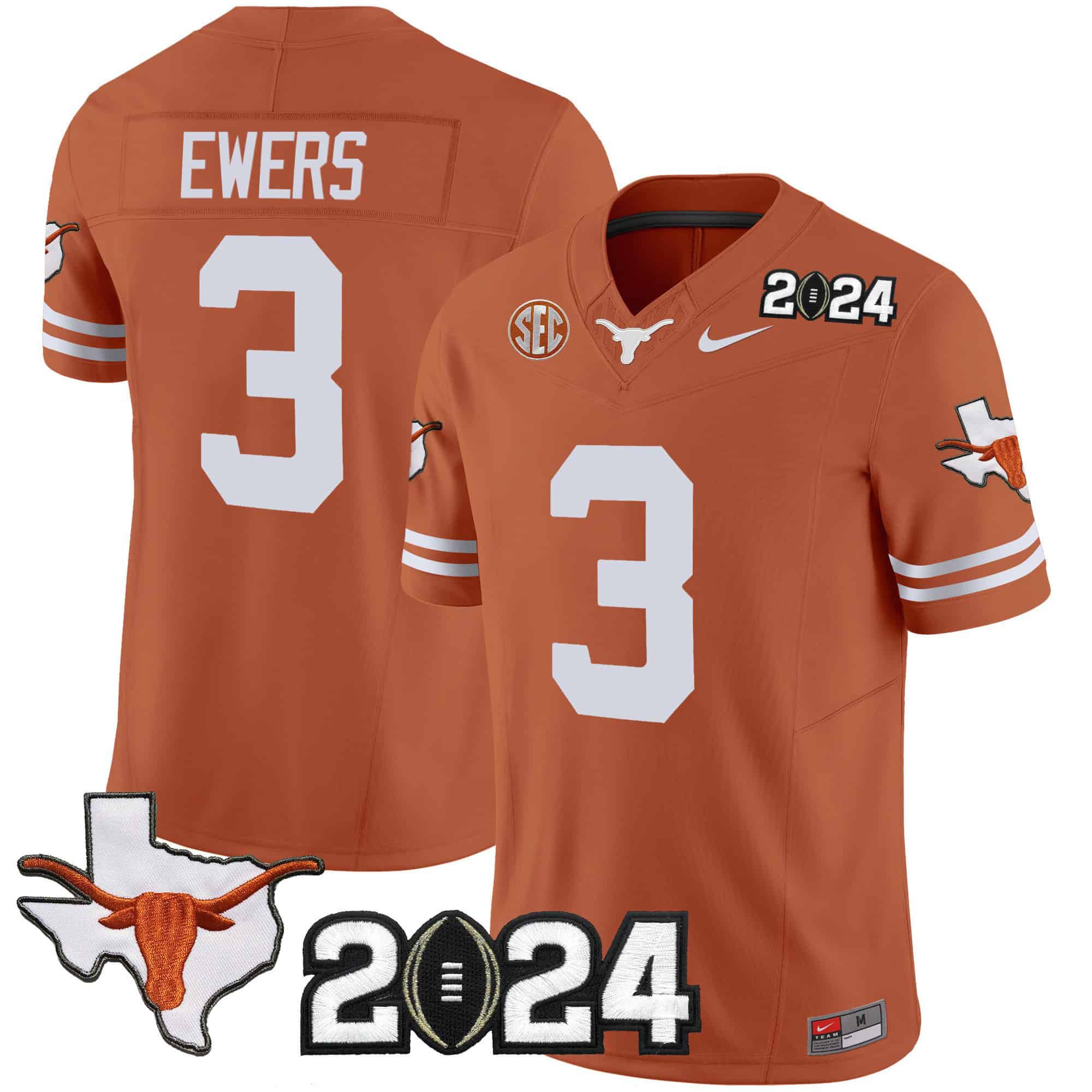 Men Texas Longhorns #3 Ewers Orange 2024 Nike Vapor Limited NCAA Jersey style 1